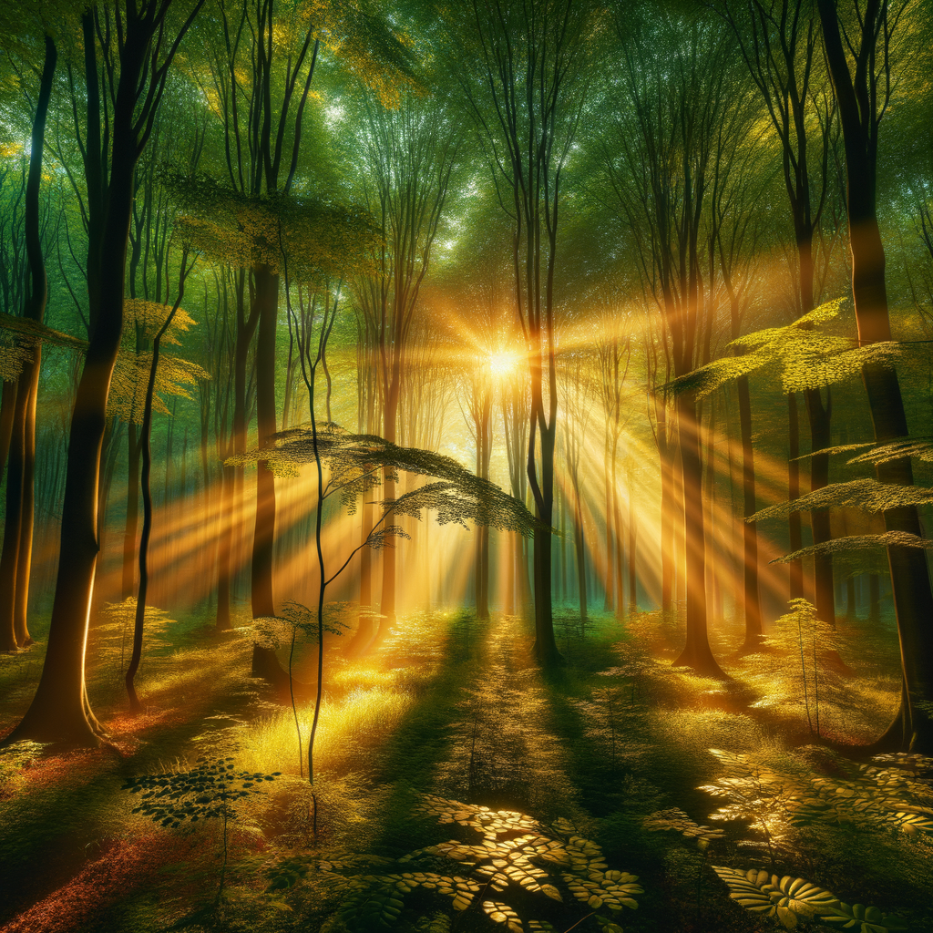 Gentle sunlight filtering through lush trees, creating a serene and peaceful atmosphere.