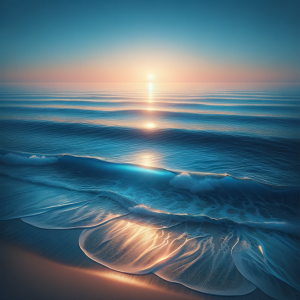 Calm ocean waves gently rolling on a sandy beach at sunrise