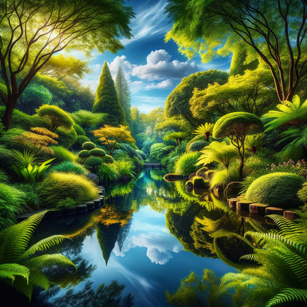 Reflection in a garden pond in a serene setting
