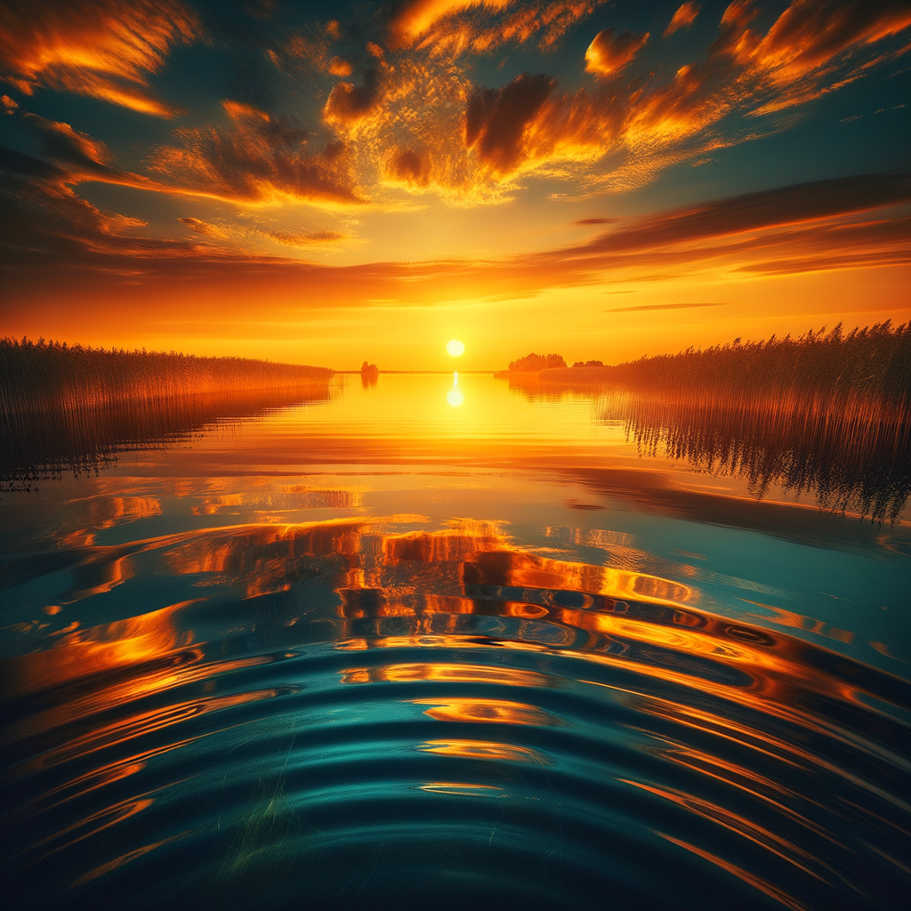 Tranquil waters reflecting a stunning sunset in a serene landscape