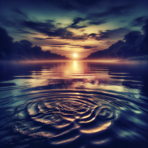 A tranquil river at twilight with gentle ripples and soft glowing light