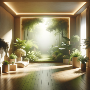 A calming, peaceful sanctuary with natural elements