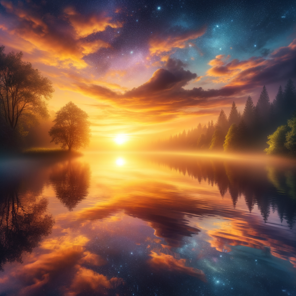 Peaceful sunrise over a calm lake reflecting gentle waves