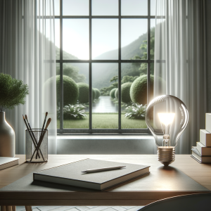 Calm minimalist workspace with a glowing light bulb