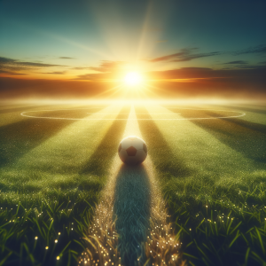 A serene soccer field illuminated by the warm glow of sunrise, symbolizing potential and new beginnings.