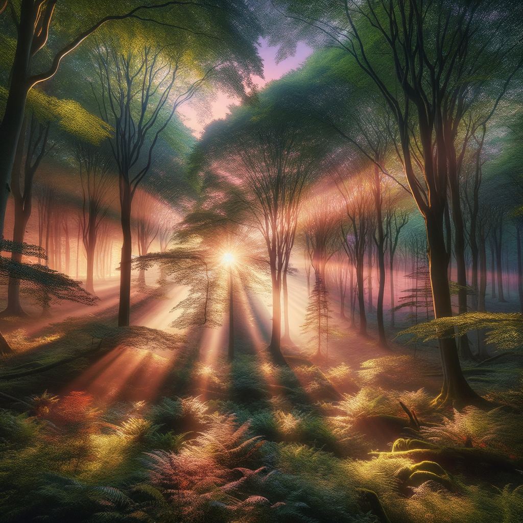 Calming sunrise through a quiet forest
