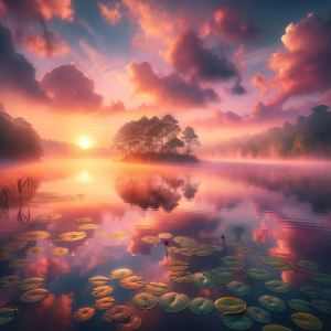 A serene calm water scene at sunrise