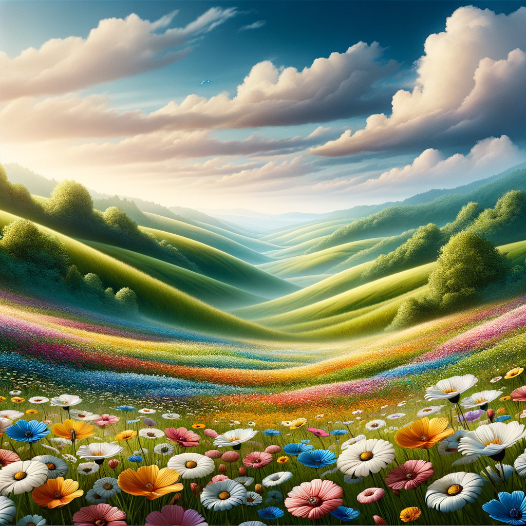 Children’s soothing meadow with colorful wildflowers and gentle breezes