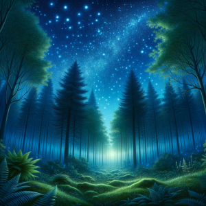 A soothing nightfall over a tranquil forest with stars twinkling above, symbolizing serenity and helping with anxiety relief.