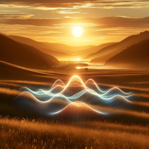 Soothing audio waves with serene landscape in background