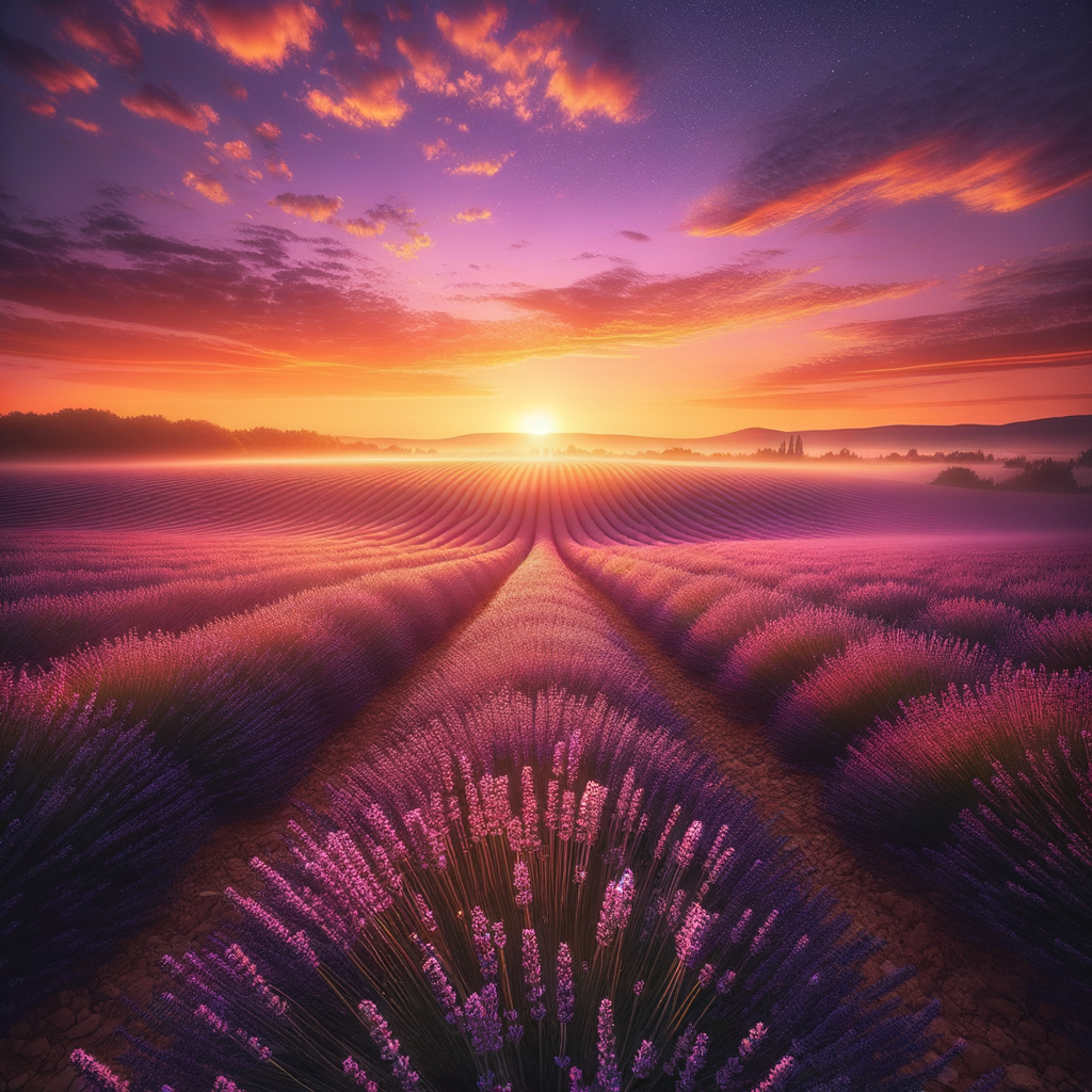 A soothing sunrise casting soft hues over peaceful lavender fields, suggesting a fresh start and calm.
