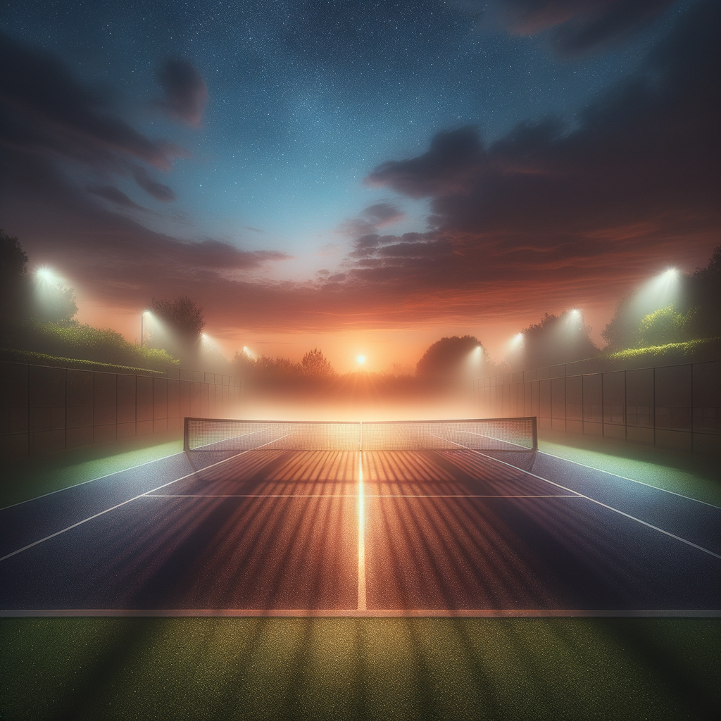 Tennis court with a mystical and calm atmosphere.