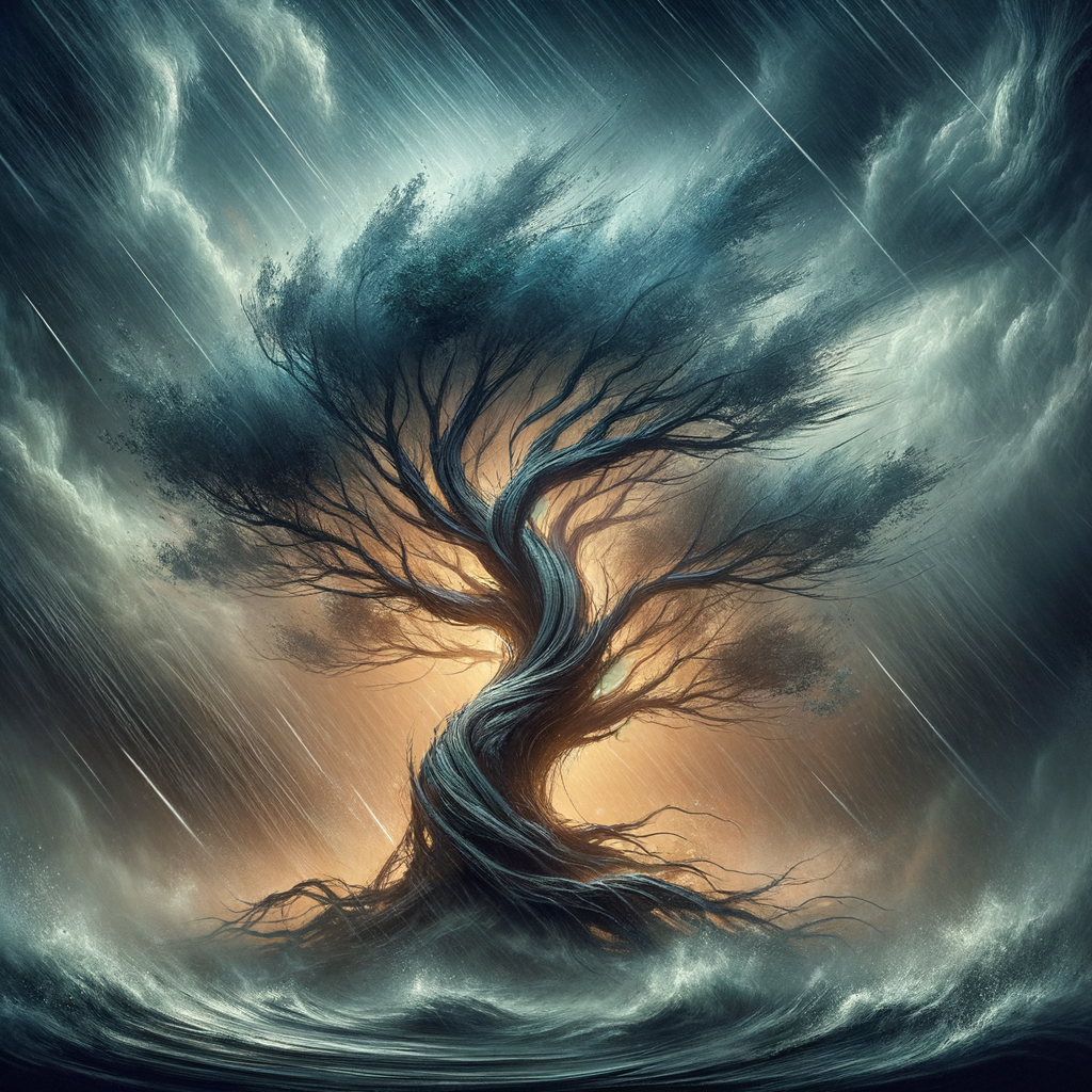 Steady tree standing firm in a storm, symbolizing strength and calm