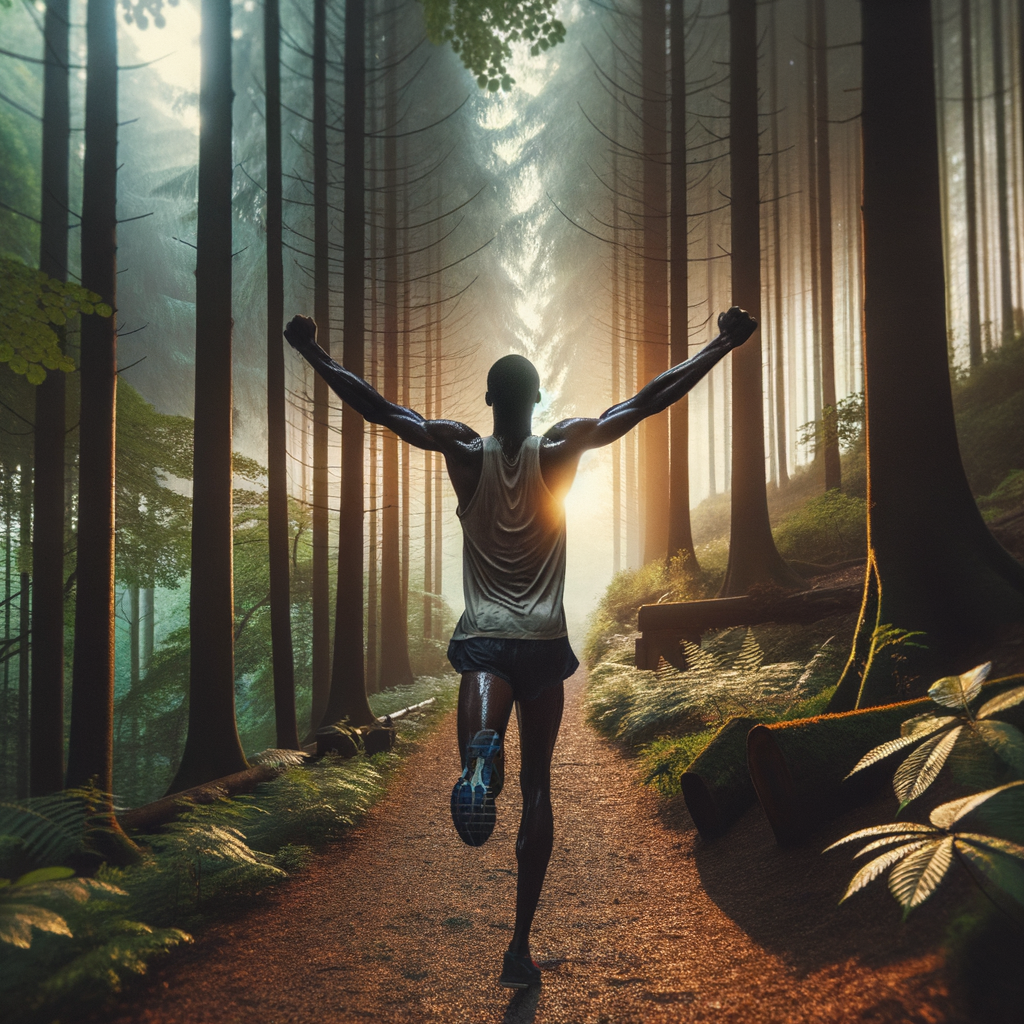 A solitary cross country runner celebrating success at the end of a forest path.