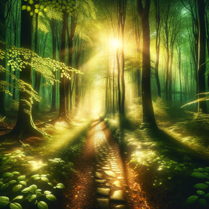 Sunlit forest pathway symbolizing new beginnings