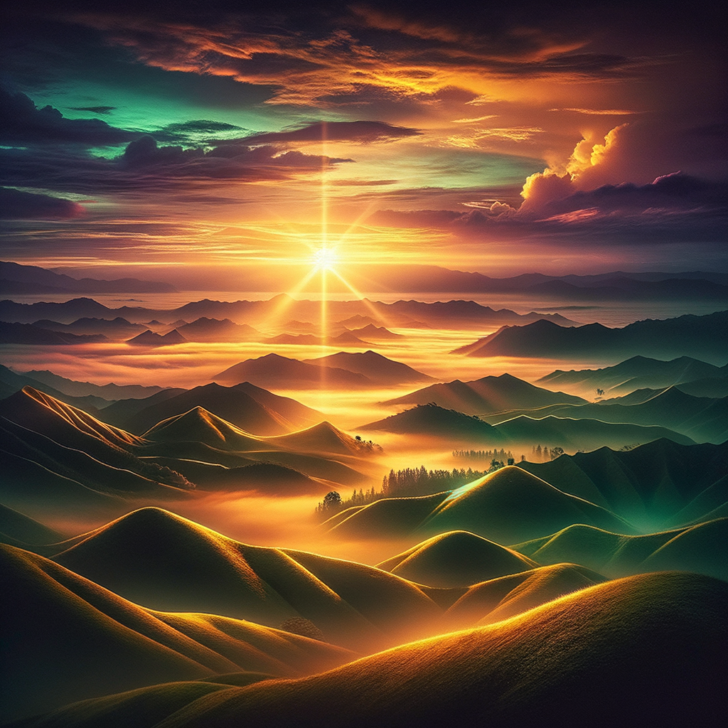 A sunrise casting warm light over calm hills.