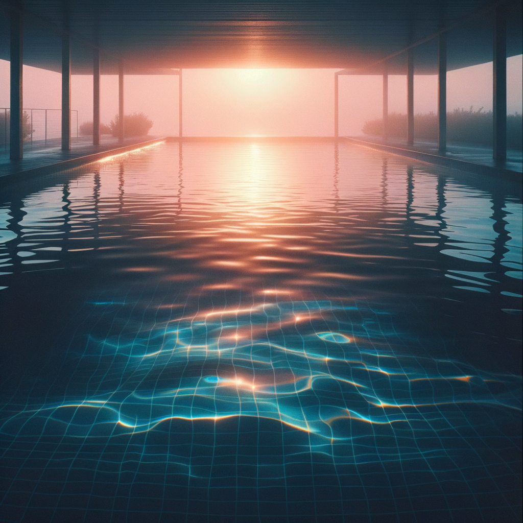 A tranquil swimming pool in the early morning light, symbolizing relaxation and calmness.