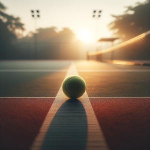 Tennis player standing confidently on a court, preparing for a match.