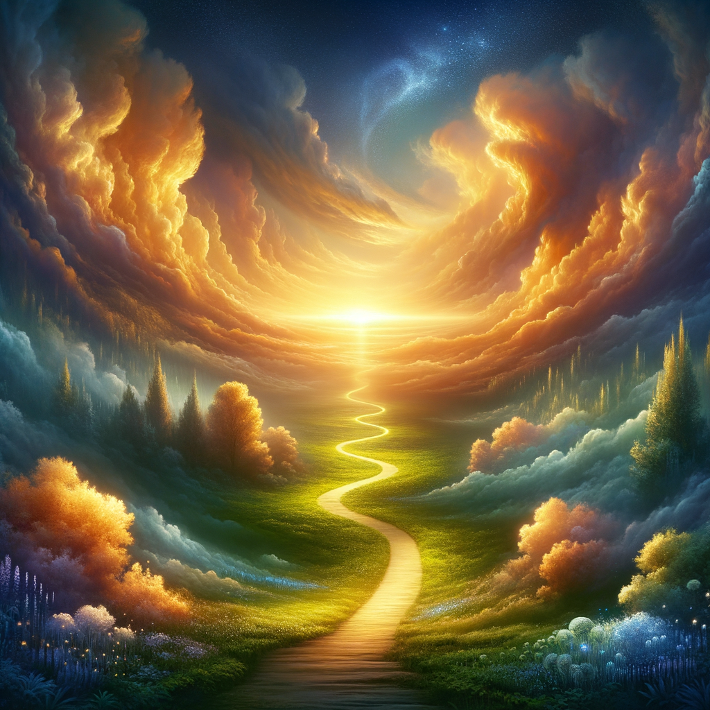 An illustration of a peaceful path leading into a bright horizon for personal growth