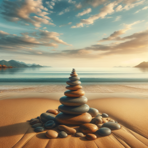Balanced rock stacks on a calm beach for mindfulness and balance