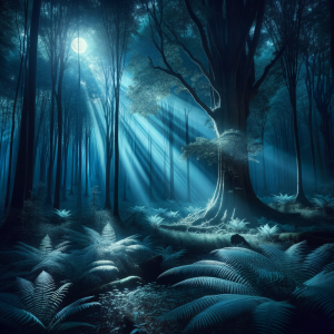A serene, lush forest filled with gentle lighting symbolizing peaceful sleep