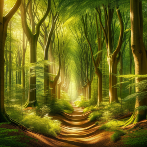 Peaceful forest path under sunlight