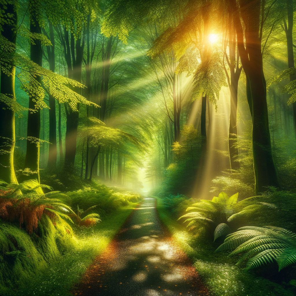 Sunlit forest path with natural greenery, promoting relaxation and introspection.