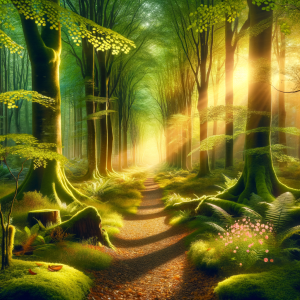 Sun-dappled forest pathway symbolizing a peaceful journey