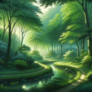 Tranquil Forest Pathway A calming forest path surrounded by lush greenery symbolizing relaxation