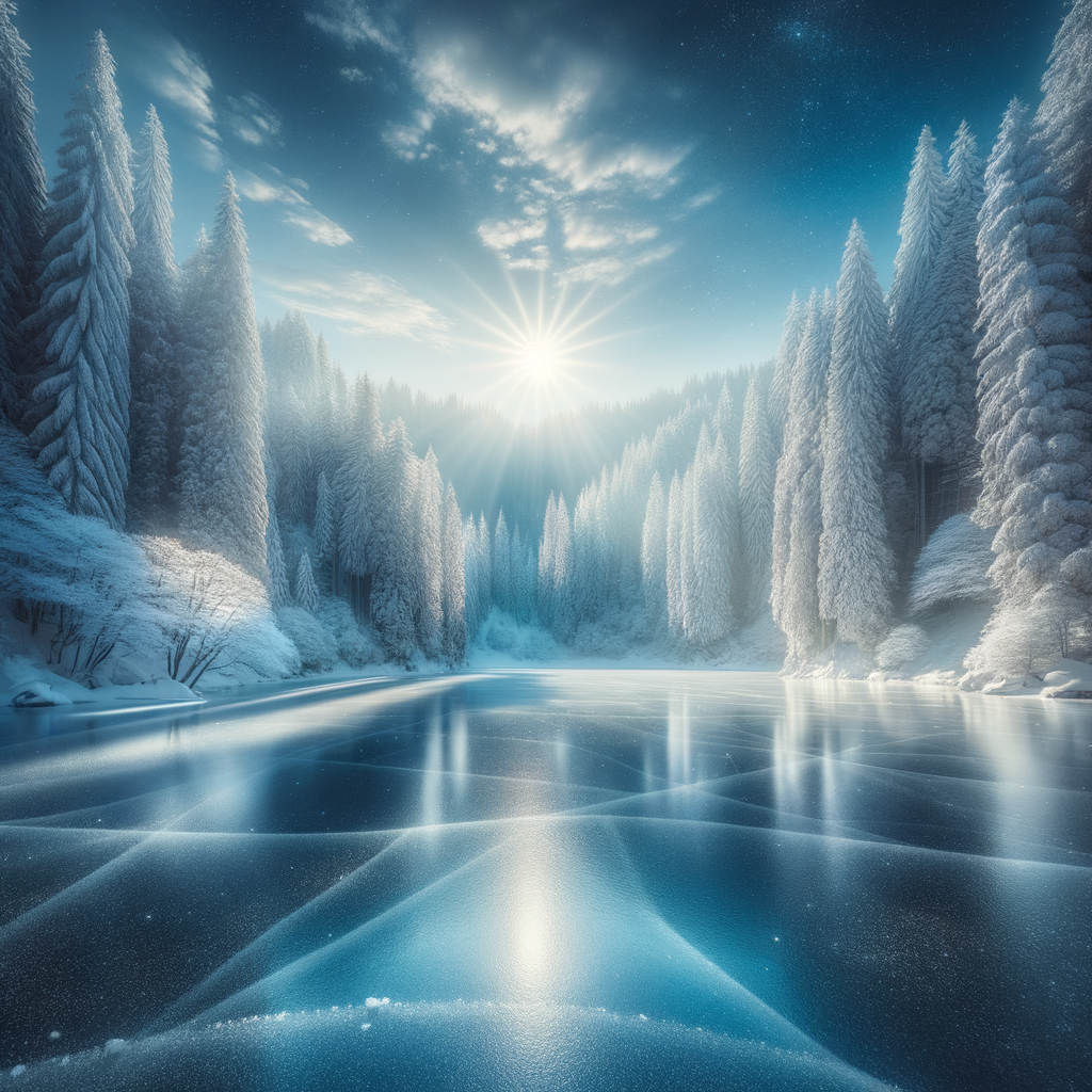 A serene frozen lake surrounded by snow-capped trees