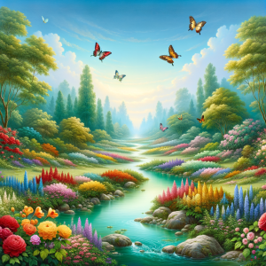 A serene garden with gently flowing streams for children’s relaxation