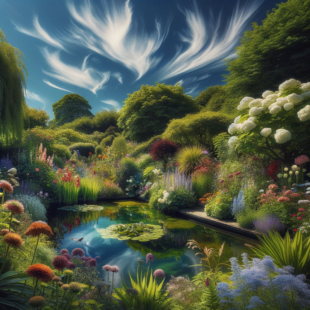 A serene garden with vibrant flowers and a calm pond.