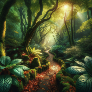 Peaceful forest path lush with greenery