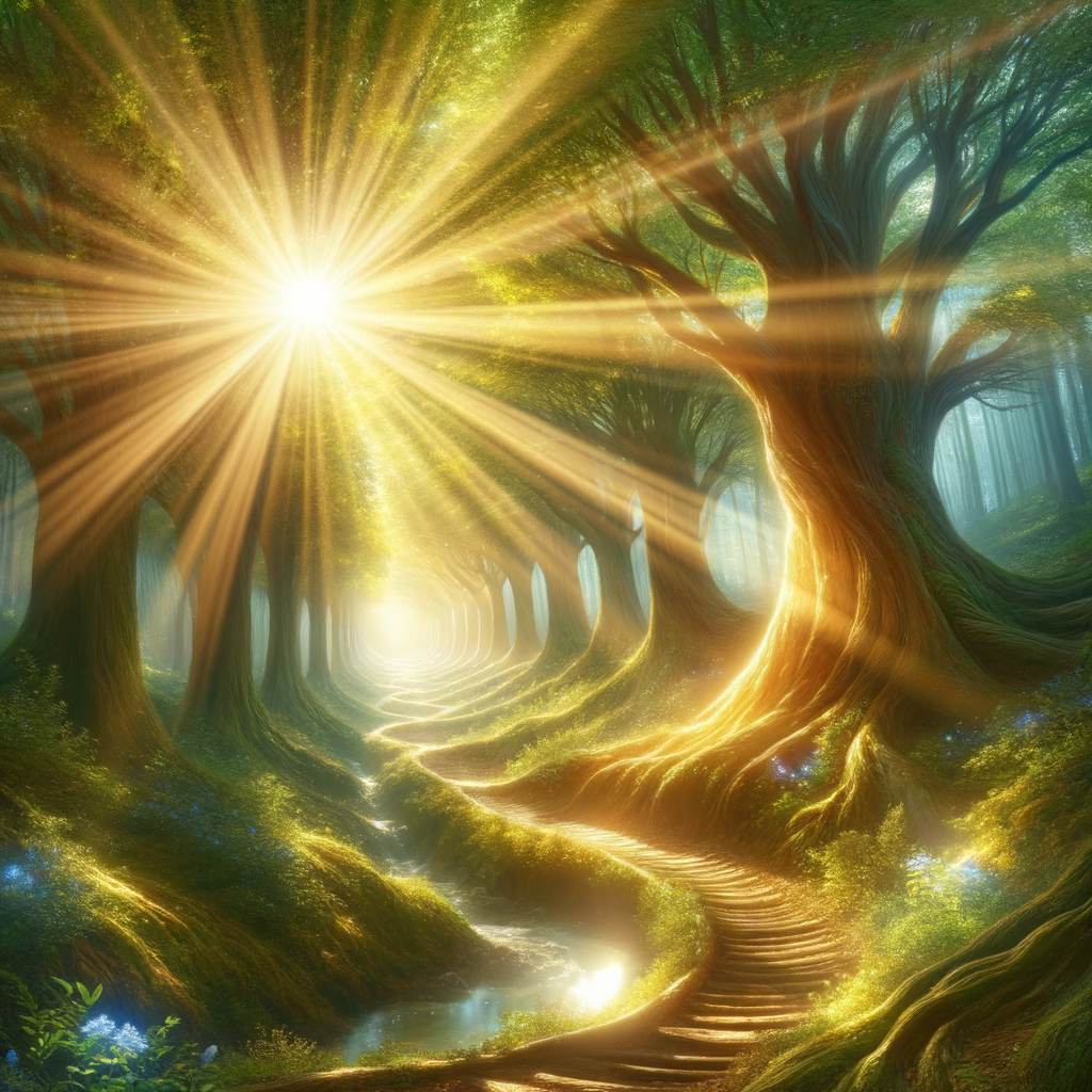 A tranquil path through a sunlit enchanted grove