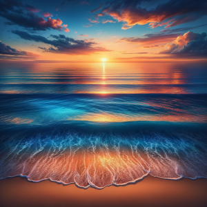 A serene ocean with a colorful sunset horizon representing financial freedom