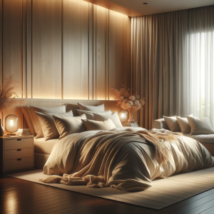 Calming bedroom featuring soft pillows and warm lighting for restful sleep