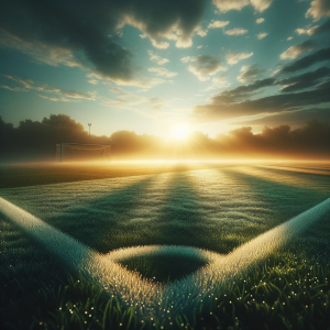 Peaceful soccer field at sunrise symbolizing new beginnings and mental clarity