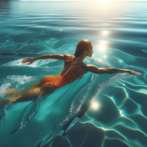 A swimmer gliding effortlessly through the calm sea