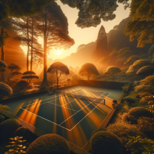 Peaceful tennis court in natural setting during sunset