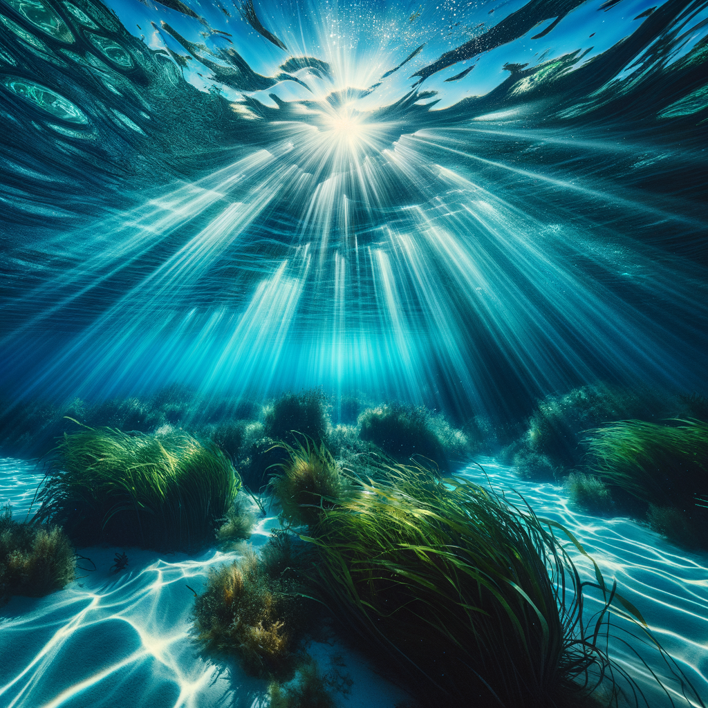 Underwater view of peaceful aquatic plants and sunlight filtering through the water