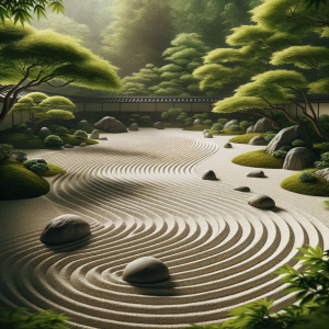 A serene Zen garden with neatly raked sand and smooth stones, embodying tranquility and focus.