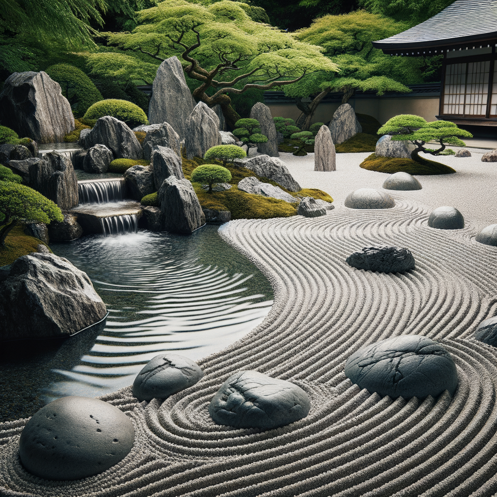 A peaceful Zen garden with flowing water features, representing harmony and tranquility.
