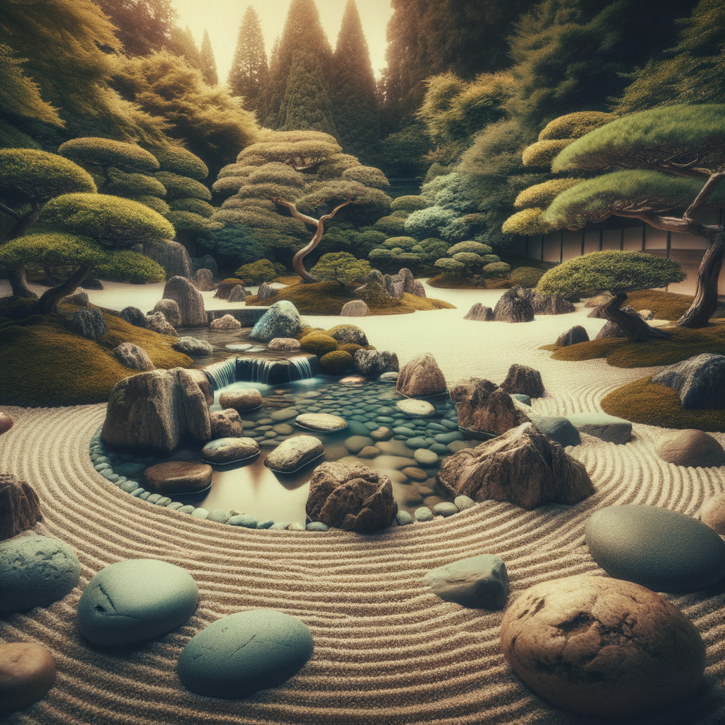 A peaceful Zen garden with a gently flowing water feature
