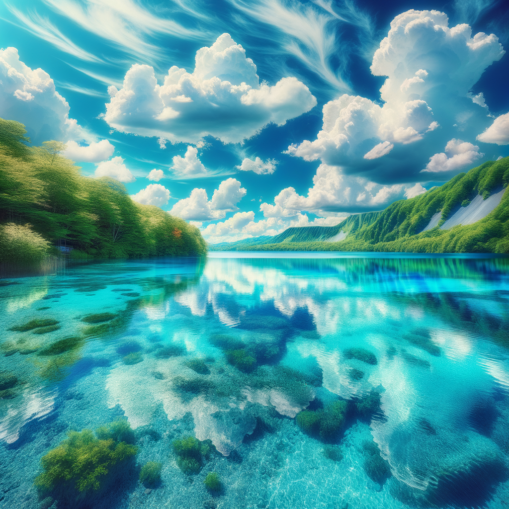 Peaceful lake reflecting clear sky as a symbol for transformation