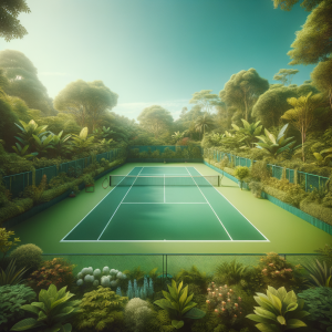 A serene sunny tennis court surrounded by nature, symbolizing focus and tranquility.