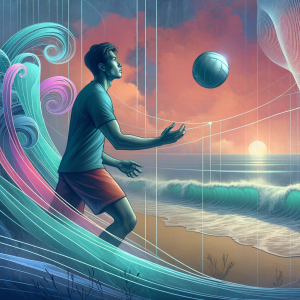 Artistic representation of visualizing a successful volleyball serve, illustrating mental focus and athletic performance.