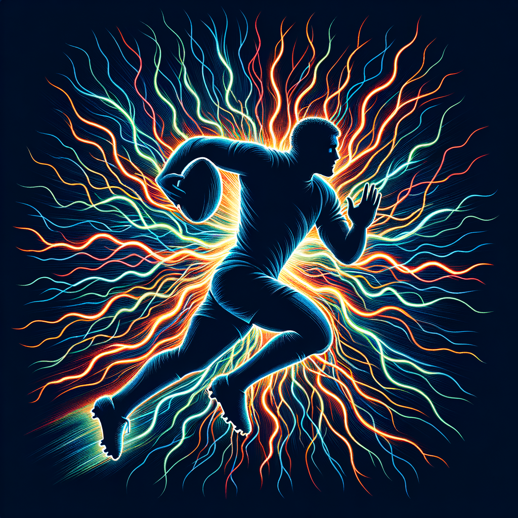 Vibrant rugby player silhouette with energy lines radiating outward