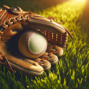 Softball mitt and ball on the ground in sunlight