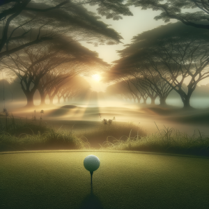 Visual representation of an optimal golf swing in a serene landscape