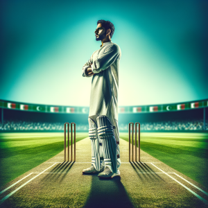 Cricketer picturing a successful game on a cricket field